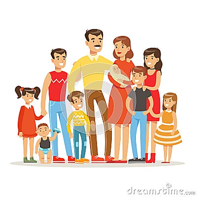 Happy Big Caucasian Family With Many Children Portrait With All The Kids And Babies And Tired Parents Colorful Vector Illustration