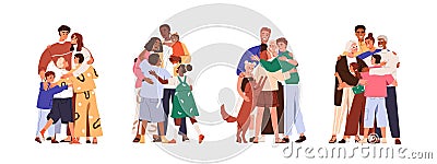 Happy big families hug set. Parents and kids embrace with love, support. Mothers, fathers, children cuddle. Bonding Vector Illustration