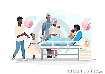 Happy big family came to the maternity hospital to congratulate the mother on the newborn baby Vector Illustration