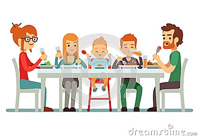 Happy big family eating dinner together vector illustration Vector Illustration