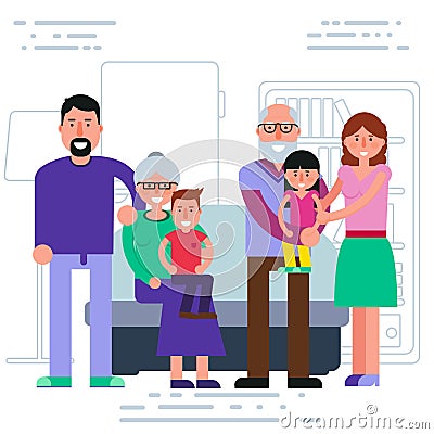 Happy big family - parents, grandparents, grandchildren portrait Vector Illustration