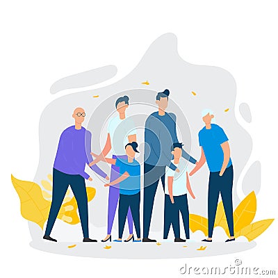Happy big family standing together. Father, mother, grandfather,grandmother and children. Parents and kids. Group of relatives. Vector Illustration