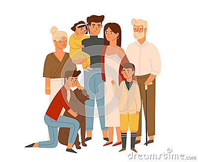 Happy big family together flat illustration. Wife and husband with senior grandparents, kids. Grandparents with Vector Illustration