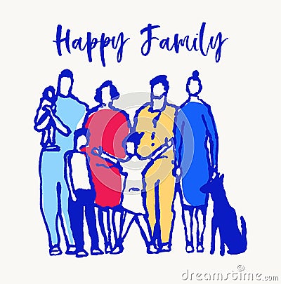 Happy big full family standing together dog vector Vector Illustration