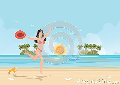 Happy bikini woman jumping of joy and success on beach on tropic Vector Illustration
