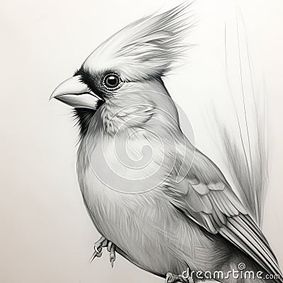 Happy Bird Portrait: Cardinal Art In Black And White Pencil Sketch Stock Photo