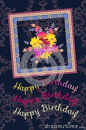 Happy birhday vertical greeting card with bright bouquet of garden flowers and ornamental frame on dark paisley background Stock Photo