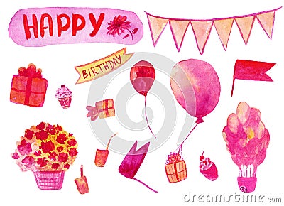 Happy birthaday watercolor hand drawn set in pink color isolated on the white background Stock Photo