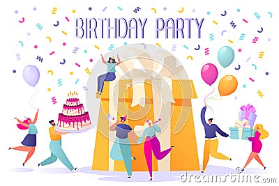 Happy Birthday party celebration with friends. People carry gifts and a big cake Vector Illustration