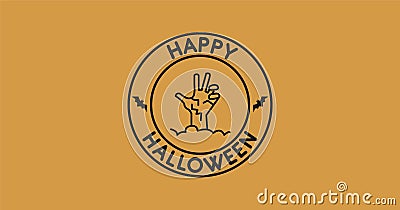 Happy halloween typography minimal postcard. Text patch sticker. Zombie hand icon. Round seal stamp logo. Quote, phrase. Label Stock Photo