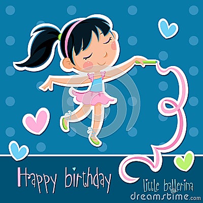Happy birthday - Adorable little ballerina girl - blue background with dots and hearts Cartoon Illustration