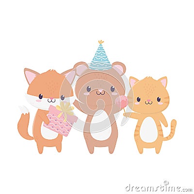 Happy birthday animals with party hat gift candy celebration decoration Vector Illustration