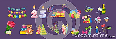 Happy Birthday anniversary numbers candle, decorative holiday flags, accessories, sweets, gifts Vector Illustration