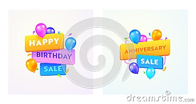 Happy Birthday or Anniversary Sale Advertising Banners with Typography and Colorful Balloons on White Background Vector Illustration