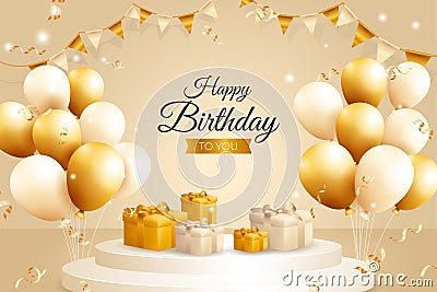 Happy birthday background design with realistic bunch of flying golden balloons Vector Illustration