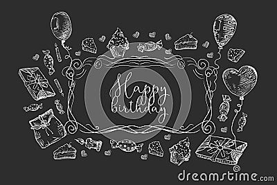 Happy Birthday background. Doodles Birthday sets, party blowouts, party hats, gift boxes and bows. vector illustration Vector Illustration