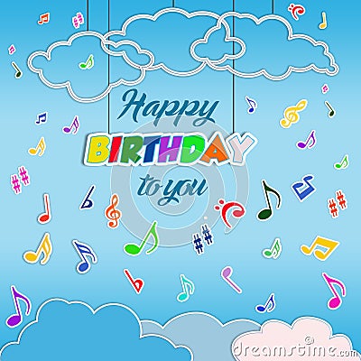 Happy birthday background with flying musical notes Stock Photo