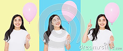 Happy birthday. Balloon party collage. Happy asian girl with balloons isolated on white colorful background. Copy space. Blank Stock Photo