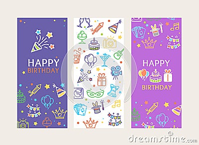 Happy Birthday Banner Poster Card Ad Vecrtical Set. Vector Vector Illustration