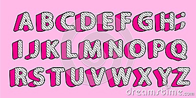 Cute black polka dots 3D english alphabet letters set. Vector LOL girly doll surprise style. Vector Illustration