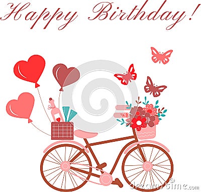 Happy Birthday beautiful greeting card with bicycle, baloon, wine, heart. Vector illustration Cartoon Illustration