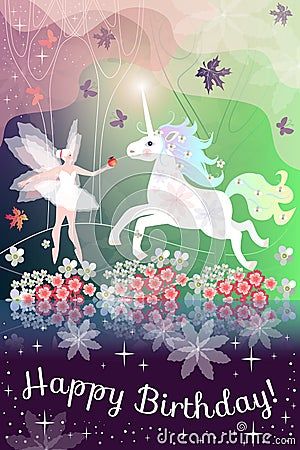 Happy Birthday. Beautiful greeting card with fairy girl and unicorn in magic forest Stock Photo