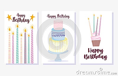 Happy birthday, cake burning candles cupcake cartoon celebration decoration card Vector Illustration