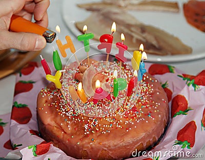 Happy Birthday Cake with Candles letter burning 2 Stock Photo