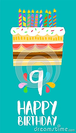 Happy Birthday cake card for 9 nine year party Vector Illustration