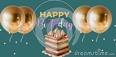 Happy birthday cake with golden ballons in background Stock Photo