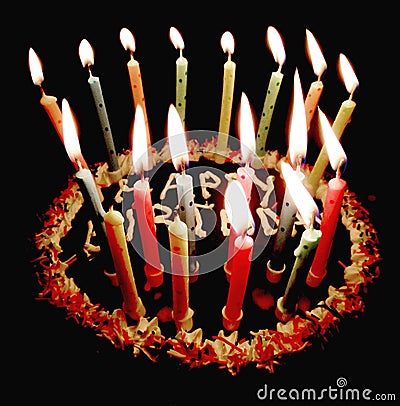Happy birthday cake and lighted lit candles cell phone background Stock Photo