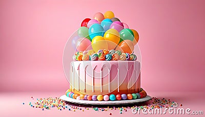 Happy Birthday cake with lit candles surrounded by orange and white balloons. Ai Stock Photo