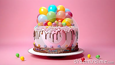 Happy Birthday cake with lit candles surrounded by orange and white balloons. Ai Stock Photo