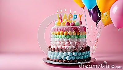 Happy Birthday cake with lit candles surrounded by orange and white balloons. Ai Stock Photo