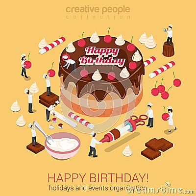 Happy birthday cake with micro people bakers tools around Vector Illustration