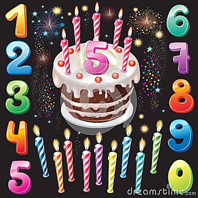 Happy Birthday cake, numbers and firework Vector Illustration