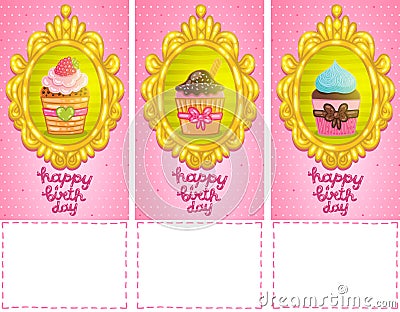 Happy Birthday card background with cupcakes. Vector Illustration