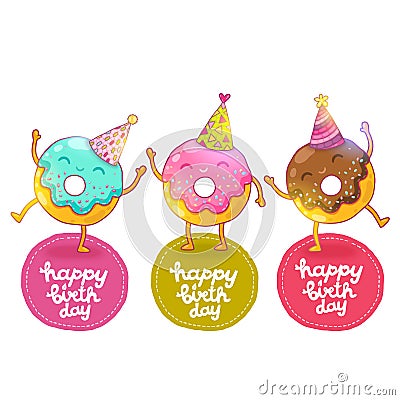 Happy Birthday card background with cute donut. Vector Illustration