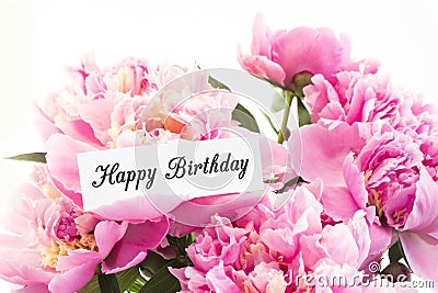 Happy Birthday Card with Bouquet of Pink Peonies Stock Photo