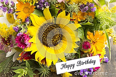 Happy Birthday Card with Bouquet of Summer Flowers Stock Photo