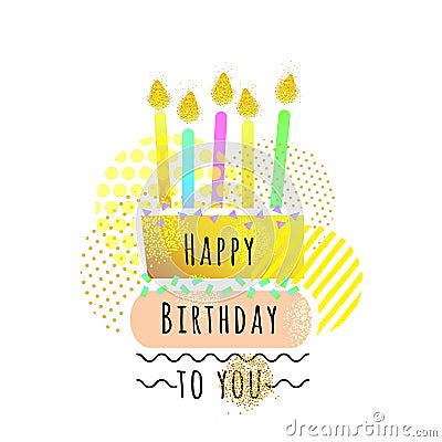 Happy birthday card with cake and candles. cute wishes card. vector illustration Vector Illustration