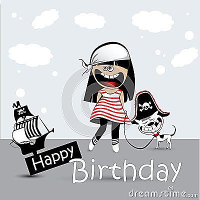 Happy Birthday Card a child with a toy dog pirate Stock Photo
