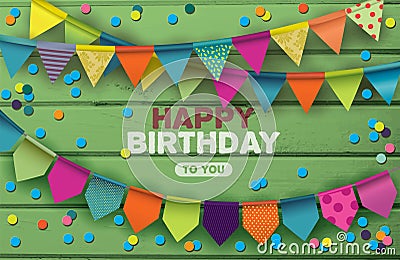 Happy Birthday card with colorful paper garlands and confetti Vector Illustration