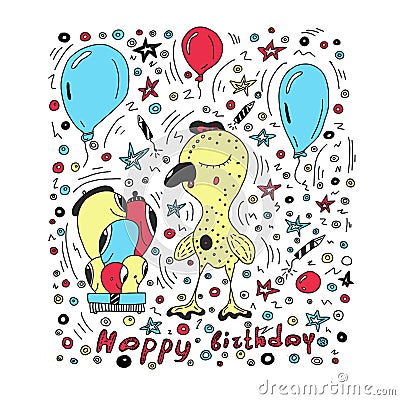 Happy birthday card colorful vector background c with cute cartoon style characters . Vector illustration Vector Illustration
