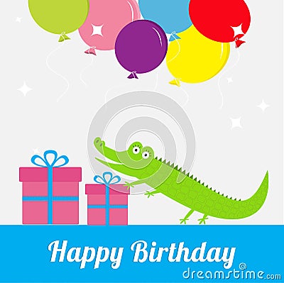 Happy Birthday card with cute alligator, giftbox, balloons. Baby background. Flat design Vector Illustration