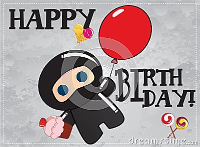 Happy birthday card with cute cartoon ninja Vector Illustration