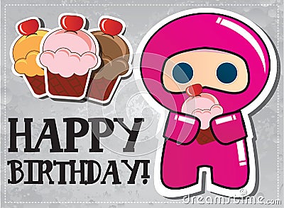 Happy birthday card with cute cartoon ninja Vector Illustration