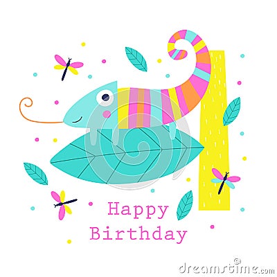 Happy birthday card with a cute chameleon. Vector illustration Vector Illustration