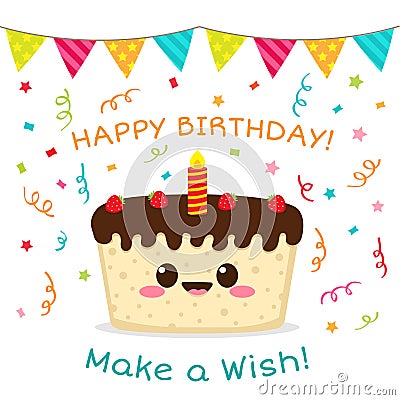 Happy birthday card with cute chocolate cake Vector Illustration