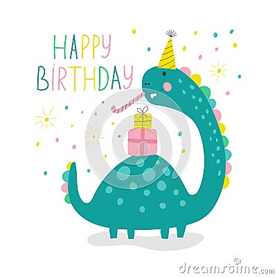 Happy birthday card with cute dino. Vector illustrations Vector Illustration